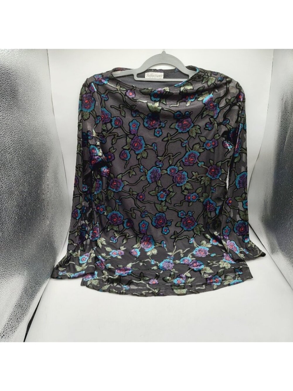 Reflections Womens Shirt Size Med Black Red Blue Velvet Mesh Floral Sheer READ